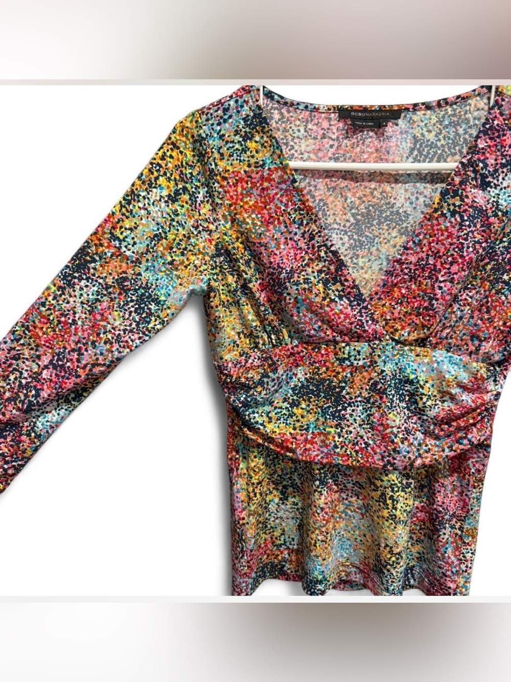 BCBGMaxAzria Multicolor Speckled V-Neck Long Sleeve Top